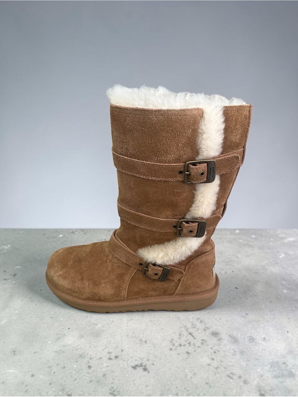 UGG Maddie II Chestnut Suede Shearling Triple Buckle Boots Big Girl's Size 4